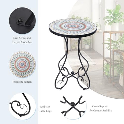 Mosaic Outdoor Side Table, Round Rustproof Patio Tables with 14" Ceramic Tile Top, Indoor Porch Accent Table for Yard, Garden, Living Room, Bistro Balcony, Green