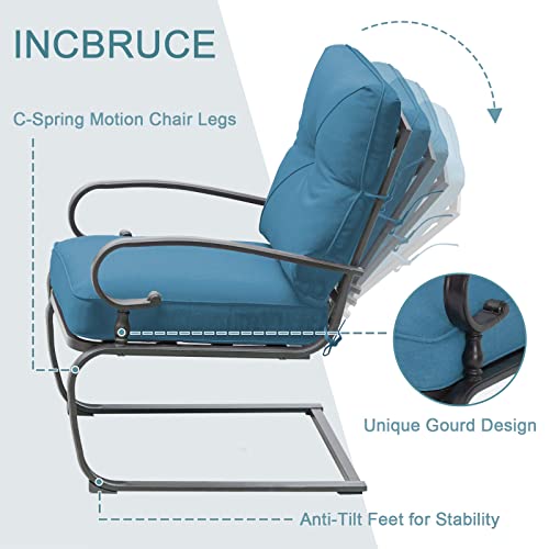 Outdoor Furniture 3Pcs Patio Bistro Set, Springs Motion Chairs and Bistro Round Table Set, Metal Small Patio Conversation Set with Cushions (Peacock Blue)