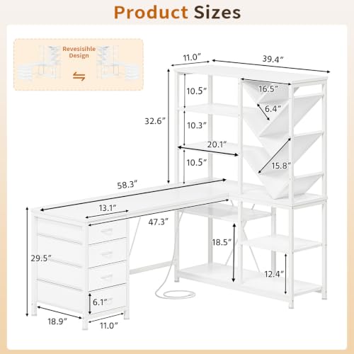 58" White L Shaped Desk with Bookshelf and 3 Drawers for Home Office, view 3