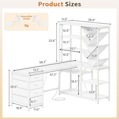 58" White L Shaped Desk with Bookshelf and 3 Drawers for Home Office, view 3