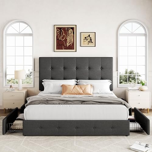 Upholstered Queen Size Platform Bed Frame with 4 Storage Drawers and Headboard, view 4