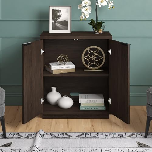 28" Fluted Wooden Accent Cabinet, Ribbed Modern Sideboard Buffet Cabinet with 2 Doors and an Adjustable Shelf for Living Room, Dining Room, Bedroom or Entryway, Rich Brown