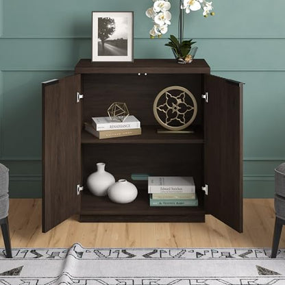 28" Fluted Wooden Accent Cabinet, Ribbed Modern Sideboard Buffet Cabinet with 2 Doors and an Adjustable Shelf for Living Room, Dining Room, Bedroom or Entryway, Rich Brown