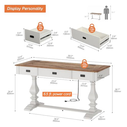 60-inch Vintage Farmhouse Desk with Charging Station &3 Deep Drawers, view 3
