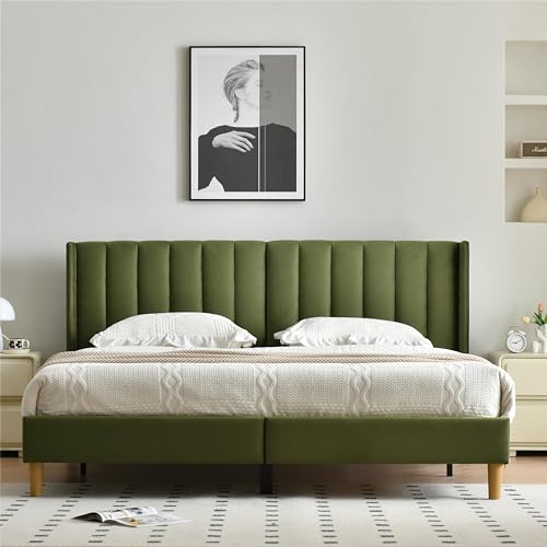 King Bed Frame，Platform Bed with Upholstered Headboard，Grass Green, view 4