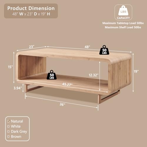 48" Modern Coffee Table, 2-Tier Minimalist Center Table with Storage Shelf, Curved Profile Design, Wooden Rectangular Living Room Table w/Wood Thick Design for Living Room, Office, Natural Oak