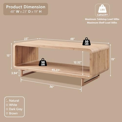 48" Modern Coffee Table, 2-Tier Minimalist Center Table with Storage Shelf, Curved Profile Design, Wooden Rectangular Living Room Table w/Wood Thick Design for Living Room, Office, Natural Oak