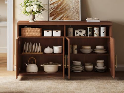 63" Wide Fluted Buffet Cabinet with Open Storage Shelf, Walnut, view 4