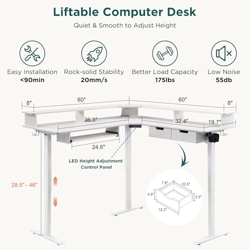 60 Inches L Shaped Electric Standing Desk, Height Adjustable Corner Gaming Desk with Drawers, Keyboard Tray, Power Outlets & LED Lights, Computer Desk with Monitor Shelf, Antique White