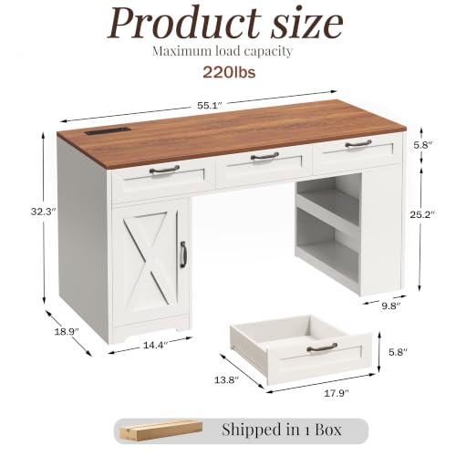 55" Farmhouse Desk with Charging Station & Drawers, Walnut White, view 3