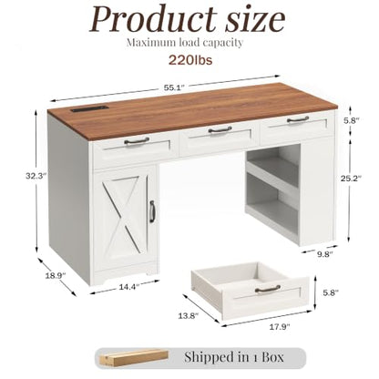 55" Farmhouse Desk with Charging Station & Drawers, Walnut White, view 3
