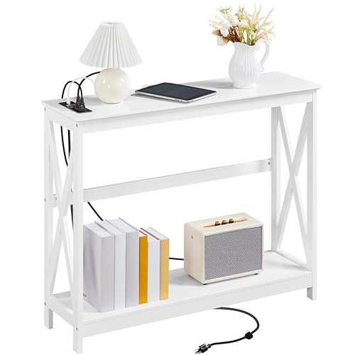 Yaheetech 40" Console Table with 2 Outlet and 2 USB Ports, Wooden Entryway Table with X-Shaped Design, Narrow Sofa Table for Living Room and Hallway,White