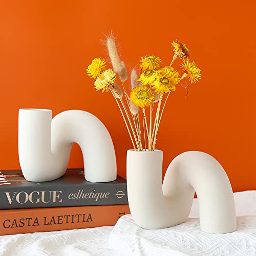 White Ceramic Flower Vase for Decor, Modern Minimalist Abstraction Vases, view 2