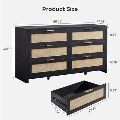 Rattan Dresser for Bedroom, 57" Wide 6 Drawer Dresser with Ample Storage, Wooden Dressers Large Chest of Drawers, Closet, Boho TV Stand for Bedroom (Black Oak, 1 Piece)