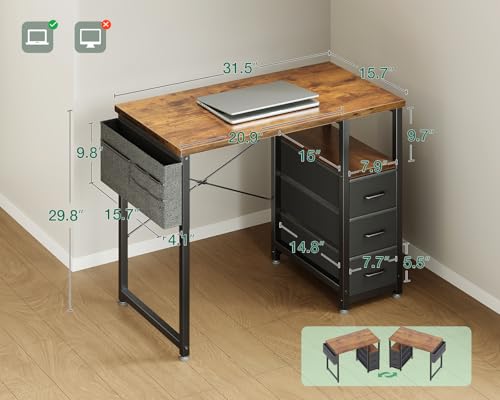 32 Inch Small Computer Desk with Fabric Drawers, Vintage, view 4