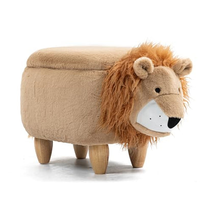 Lion Ottoman with Storage for Kids – Plush Animal Footstool for Nursery, Playroom, Living Room or Bedroom – Toy Organizer and Footrest – Cute Toddler Furniture with Wooden Legs