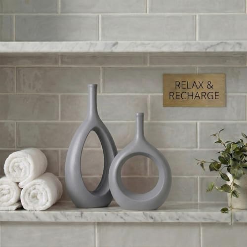 Gray Ceramic Hollow Elliptical Vase Set of 2 - Boho Circle Vase with Hole, for Modern Grey Table Decor, Living Room Decor Shelf mid Century Modern Home Entrance Decorative vase