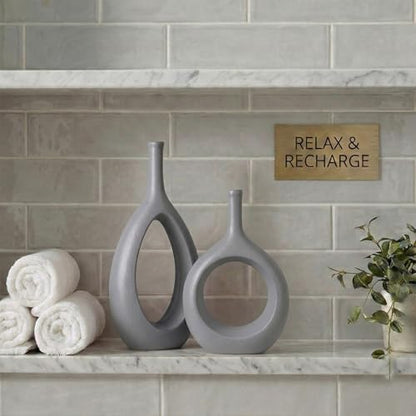 Gray Ceramic Hollow Elliptical Vase Set of 2 - Boho Circle Vase with Hole, for Modern Grey Table Decor, Living Room Decor Shelf mid Century Modern Home Entrance Decorative vase