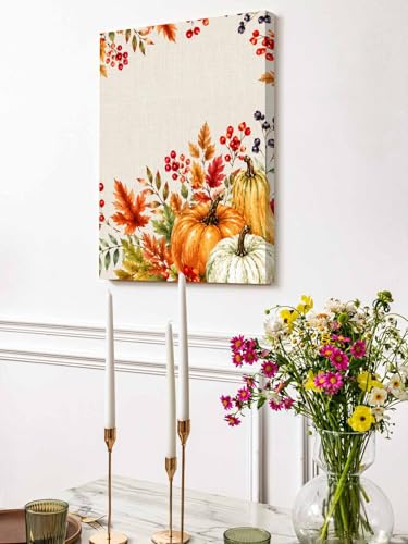 NuYeBiofx Thanksgiving Harvest Pumpkin Canvas Wall Art Prints,30"x20" Framed Picture Artwork Fall Maple Leaf Berries Printed Canvas Oil Painting for Living Room Bedroom Office,Ready to Hang