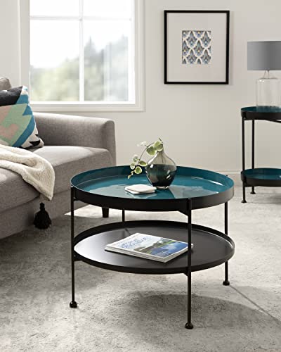 Nira Modern Round Two Tier Coffee Table; 26 Inch Diameter; Teal and Black; Decorative Glam Coffee Table for Storage and Display