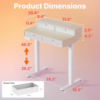 32 x 20 Inch Electric Standing Desk with 4 Drawers, Natural, view 3