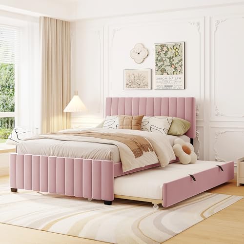 JIVOIT Velvet Fabric Upholstered Platform Bed, view 2