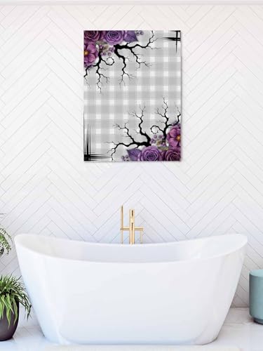 NuYeBiofx Halloween Flower Berry Tree Branch Canvas Wall Art Prints,48"x32" Framed Picture Artwork Purple Plant Gray Check Printed Canvas Oil Painting for Living Room Bedroom Office,Ready to Hang