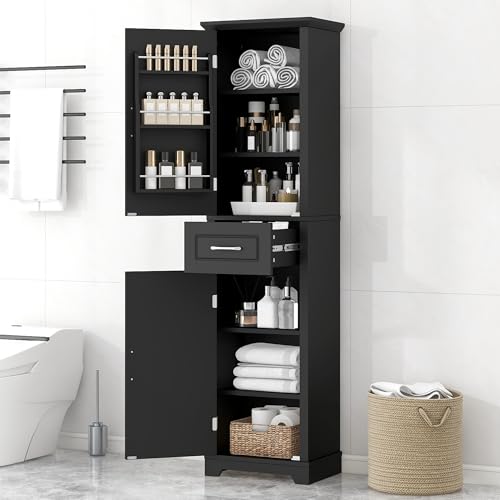 73 Inch Bathroom Storage Cabinet with Adjustable Shelves, Black | Black MDF, bathroom or office, painted finish, door shelves, enclosed cabinets, lower compartment, anti-tip kit, 72.5 in H