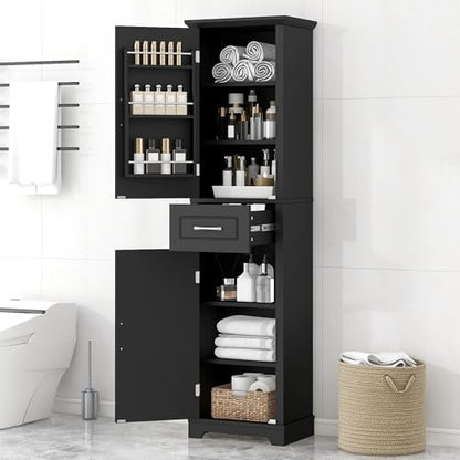 73 Inch Bathroom Storage Cabinet with Adjustable Shelves, Black | Black MDF, bathroom or office, painted finish, door shelves, enclosed cabinets, lower compartment, anti-tip kit, 72.5 in H