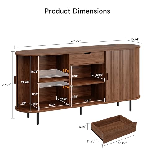 63" Sideboard Buffet Cabinet with Storage Drawer & Shelves,Walnut, view 3