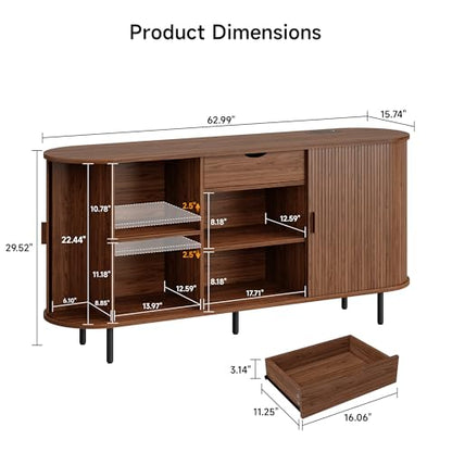 63" Sideboard Buffet Cabinet with Storage Drawer & Shelves,Walnut, view 3