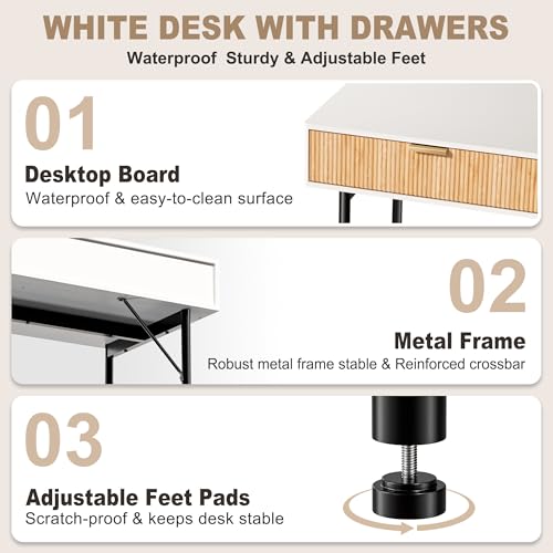 45 Inch White Desk with Drawers, Small Writing Desks for Bedroom, view 7