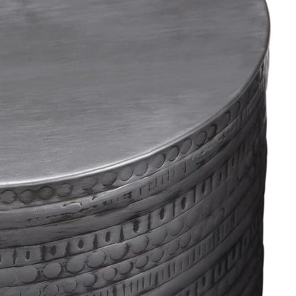 Boho 15" Metal Accent Side Table, Antique Silver Finish, Drum Shape, Handcrafted Solid Metal, Multipurpose End or Side Table for Living Room, Bedroom, Condo, Office