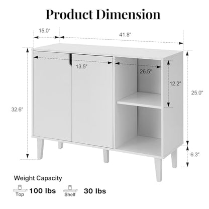 Kitchen Buffet Cabinet Storage Sideboard with 2 Doors 2 Shelves, 41.8" L x 15" W x 32.5" H (White)