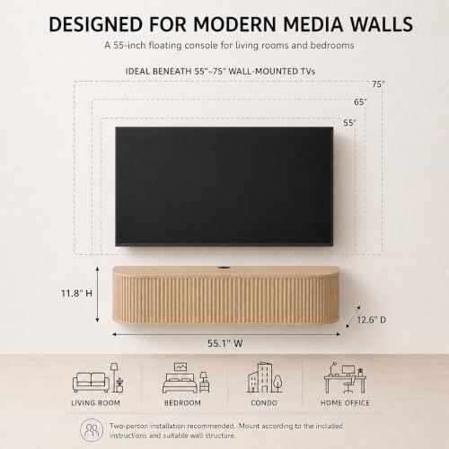 55" Fluted Floating TV Stand, Wall-Mounted Media Console (Natural), view 3