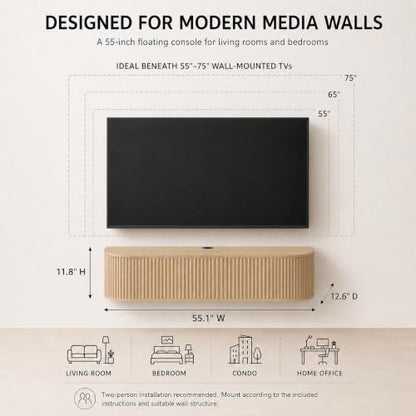 55" Fluted Floating TV Stand, Wall-Mounted Media Console (Natural), view 3