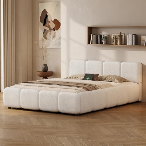 Queen Size Cloud Boucle Upholstered Platform Bed Frame w/USB Ports, view 8