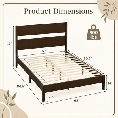 Queen Size Rubber Wood Bed Frame with Tall Headboard, Dark Brown, view 3