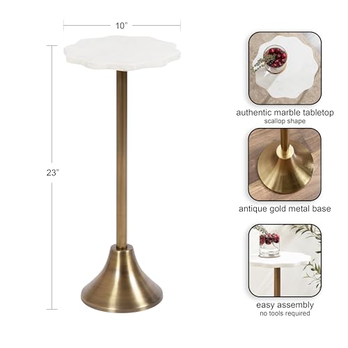 Sanzo Modern Pedestal Drink Table; 10 x 10 x 23; Antique Brass and White; Decorative End Table with Scalloped Marble Tabletop for Use as Small Plant Stand or Cute Martini Table