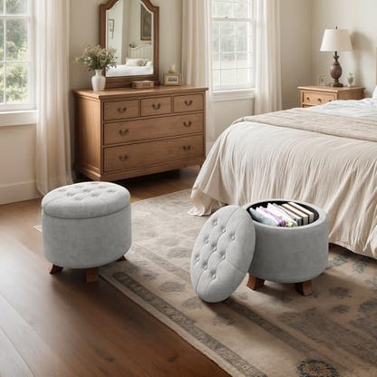 Round Ottoman, Ottoman with Storage, 20 Dia. x 17 H Inches Foot Rest Stool with Legs for Bedroom, Living Room, Decorative Home Furniture, Light Gray