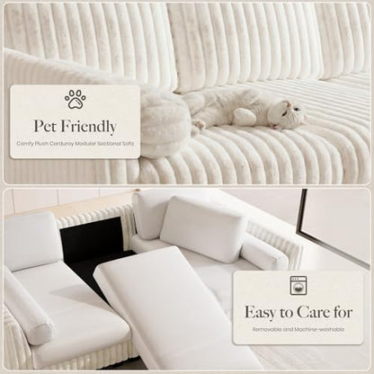 Plush Corduory Sectional Sleeper Sofa with Wide Deep Seat Modular Sectional Cloud Couches for Living Room. Beige Couch