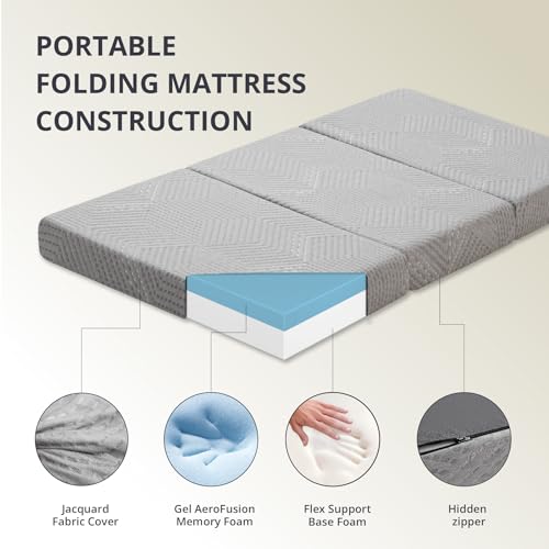 CH Charme House Folding Mattress, 4 Inch Single Tri Folding Memory Foam Mattress for Camping Guest Bed, Washable Cover & Non-Slip Bottom, 75" x 25" x 4", Grey