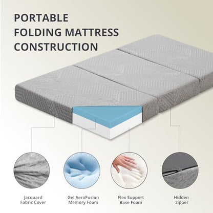 CH Charme House Folding Mattress, 4 Inch Single Tri Folding Memory Foam Mattress for Camping Guest Bed, Washable Cover & Non-Slip Bottom, 75" x 25" x 4", Grey