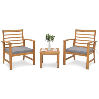 3 Pieces Outdoor Furniture Set, Acacia Wood Conversation Set with Soft Seat Cushions, Stable Acacia Wood Frame, Patio Sofa & Coffee Table Set for Backyard, Porch, Poolside (Grey)