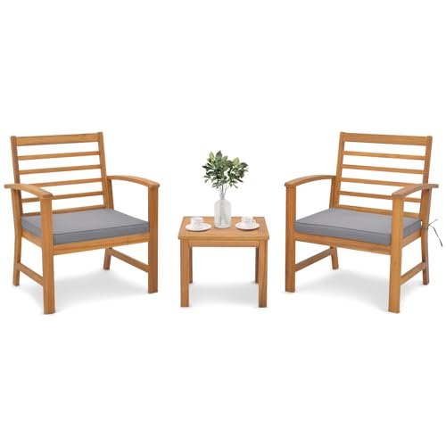 3 Pieces Outdoor Furniture Set, Acacia Wood Conversation Set with Soft Seat Cushions, Stable Acacia Wood Frame, Patio Sofa & Coffee Table Set for Backyard, Porch, Poolside (Grey)