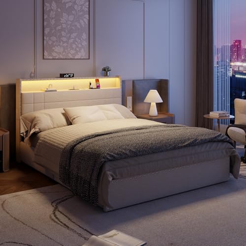 Queen Bed Frame with 4 Drawers & Storage Headboard, Beige, view 5