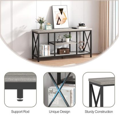 Modern TV Stand for TVs up to 55 Inch, Rustic Wood Entertainment Center with Storage Shelves, Industrial Media TV Console and TV Table for Living Room Bedroom, 47 Inch Light Grey