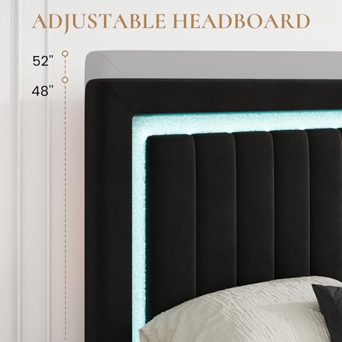 Queen Size Velvet Bed Frame with LED Light, Black, view 8
