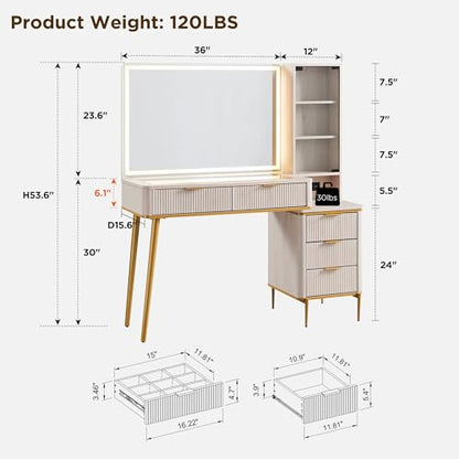 Fluted Makeup Vanity Desk with 36" HD Lighted Mirror, view 3