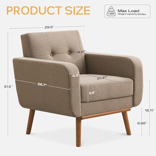 Fabric Accent Chair, Button Tufted Living Room Chairs Easy to Install, Upholstered Arm Chair for Living Room Bedroom Study Office (1, Brown)